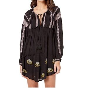 Free People Wild Horses Embroidered Bohemian Mini Dress Tunic in black, Small
